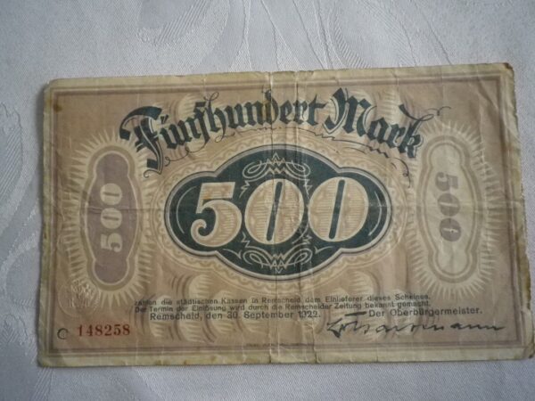 Banknot kolekcjonerski Niemcy 500 marek 1922 Remscheid